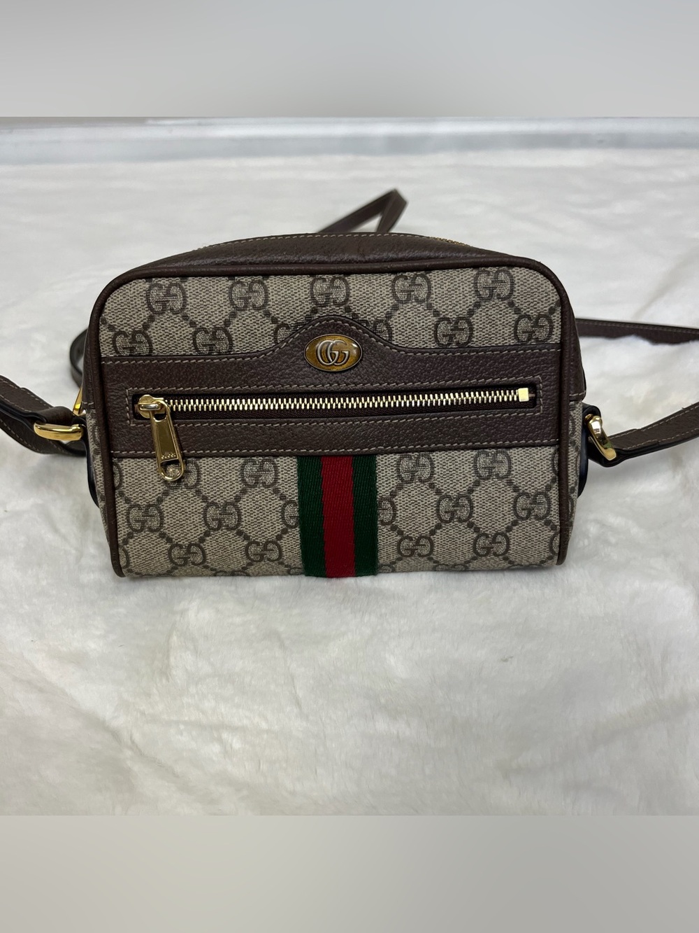 Gucci Beige GG Supreme Canvas Mini Crossbody Bag Brown Trim - Picture 8 of 16